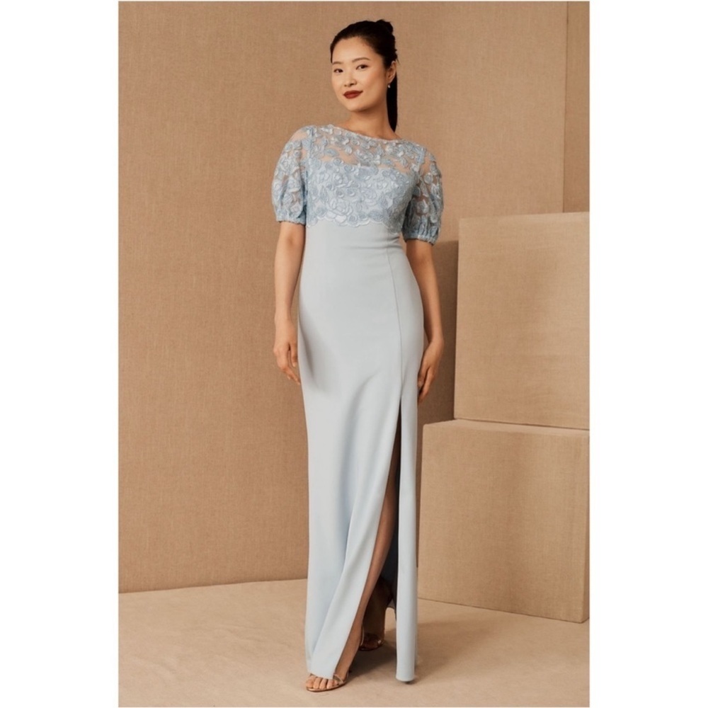 Nwt Adrianna Papell x BHLDN Justina Blue Lace Knit Crepe Gown Dress Clear Water